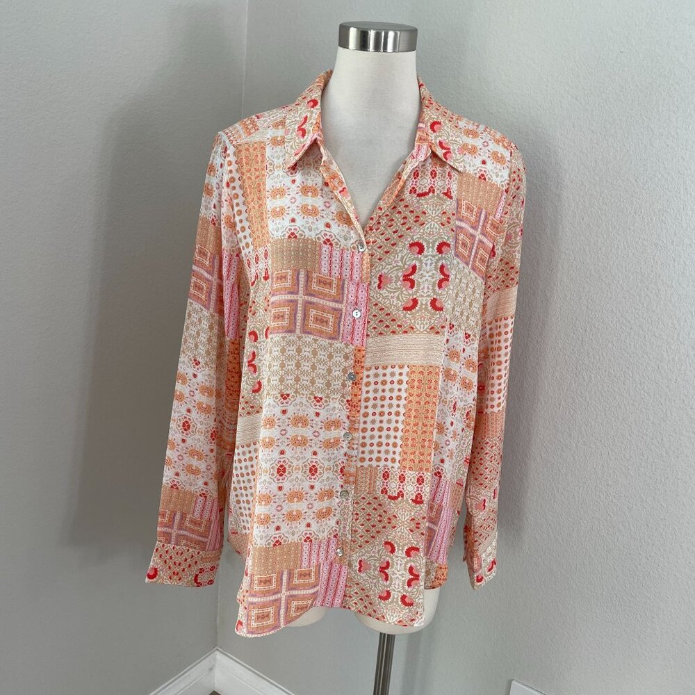 Rose + Olive Womens XL Paisley Patchwork Button Up Blouse Long Sleeve Shirt Top